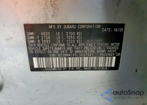 2020 Subaru Legacy Premium z USA, uszkodzony, nr VIN 4S3BWAC65L3027341